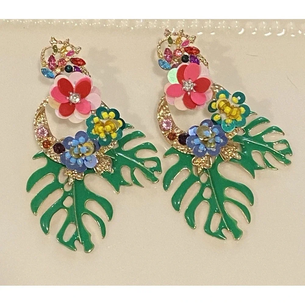 Vintage Flowers and Palm Leaf Drop Pierced Earrings 3.5 Inches Long Multi-color